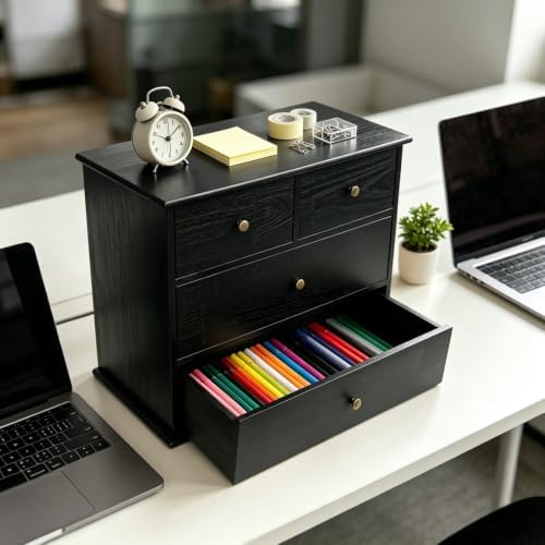 Wooden Drawers Oak Desk Organizer with Drawers，Black - Image 6