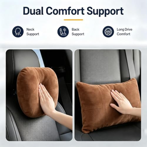 2 PCS Car Pillow for Driving Seat Soft Suede Headrest Neck & Lumbar Support - Image 2