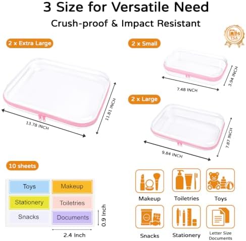 6 Pack Clear Hard Shell Zipper Case with Labels, 2S+2L+2XL, Pink - Image 2
