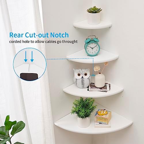 Corner Shelf, White Solid Oak Wood Floating Corner Shelves Wall Mount Round End Floating Speaker Rack Display Shelf for Small Plant Photo Frame (White, 12in) - Image 4