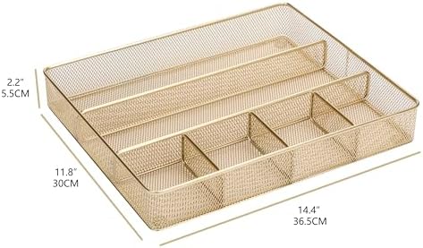 Annova Desk Top Organizer Tray for Office Organization - Metal Mesh - Storage Tray with Dividers for Pens, Desktop Accessories, Bathroom, Kitchen, Makeup and Office Supplies (Large, Gold) - Image 2