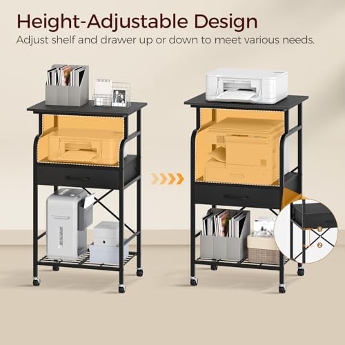 MAHANCRIS Tall Printer Stand, 3 Tier Printer Cart with Storage, Industrial Printer Table on Wheels, Adjustable Shelf & Fabric Drawer, for Home Office Study Black PTBK5501 - Image 4