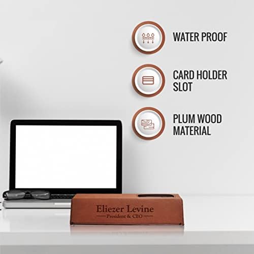 Inc Custom Designed Laser Engraved Leatherette Office Desk Name Plate on Wood Wedge 10.5" - Rawhide with Business Card Holder - Image 2