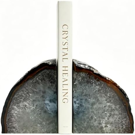 Natural Agate Geode Bookends - 2 to 3 lb Heavy Duty Rock Crystal Stone Book Ends for Shelves, with Rubber Bumpers, Decorative Book Holders for Home Office by Sisamn