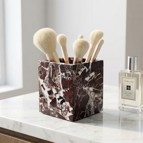 Natural Marble Pen Holder, Square Desk Organizer, Marble Toothbrush Holder, Multi-Functional Makeup Brush Holder, Decorative Storage Cup for Office Vanity Bathroom Kitchen (Rosa Levanto) - Image 4