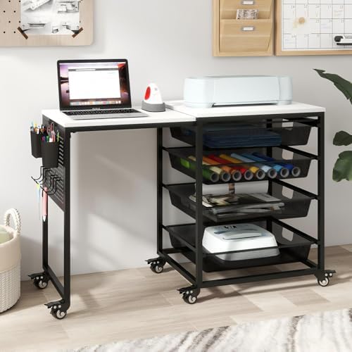 Craft Table with Wheels & Drawer,Extendable Cart with Pegboard,Black by Natwind