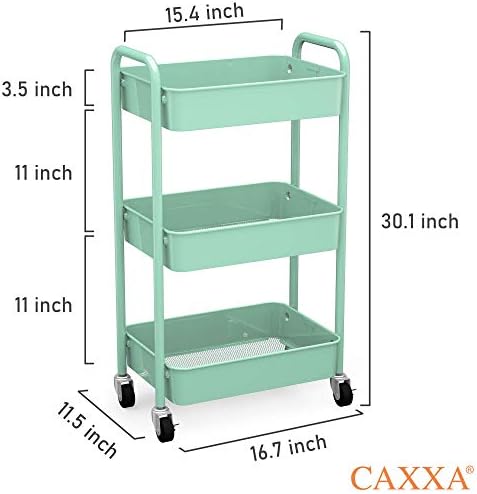 CAXXA 3-Tier Rolling Metal Storage Organizer - Mobile Utility Cart, Kitchen Cart with Caster Wheels (Aqua Green) - Image 2