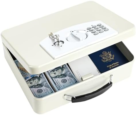KYODOLED Off-White Safe Box with Digital Keypad Lock, Lock Box with Code for Personal Items, Metal Security Box for Cash, Passport, Ideal for Home, Office, Garage Sale, 11.8'' x 9.4'' x 3.5'' by KYODOLED