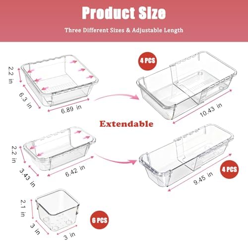 14 PCS Adjustable Clear Drawer Organizer Set - 3-Size Acrylic Storage Boxes for Makeup, Stationery, Kitchen Utensils, Tools & Bedroom Dresser Organization - Image 3