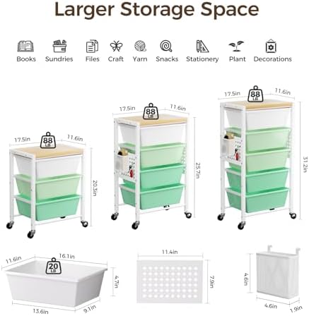 Rolling Cart with 4 Drawers, Plastic Drawer Storage Carts with Wheels & Wooden Tabletop, Metal Utility Cart with Pegboards, Office Living Room Classroom Craft Organization and Storage, Bright Green - Image 3