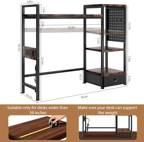 DreamDashio Desk Hutch with Outlets & LED, Desktop Bookshelf with Drawer - Image 2