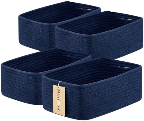MiniArk Small Storage Baskets for Organizing | Closet Organizer Bins | Shelf Toy Basket | Woven Rope Baskets | Cube Decorative Box | Shallow Basket | 13x8.5x5.1” | 4 Packs Navy Blue by MiniArkStorageBasketsHome