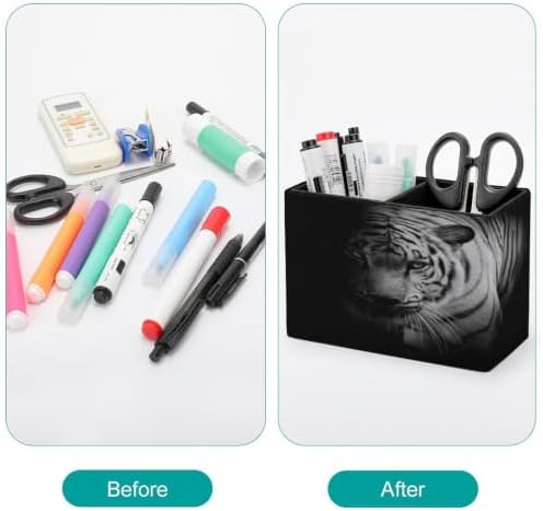 PU Leather Multi-Compartment Pen Holder Desktop Organizer Pencil Cup Storage Caddy for Office Home Supplies White Tiger Isolated on Black Background - Image 3