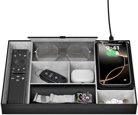 Leather Valet Tray with Wireless Charging Pad - Luxury EDC Nightstand Organizer for Men - Premium Desk Tray for Phone, Watch, Glasses & Keys - Sleek Office Desk Accessories & Gift for Him (Black) by wirelessfuturecharger