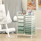 Giantex 15 Drawers Rolling Cart, Classroom Organizers, Storage Cart with Wheels, for Teacher Office Home School Supplies Tool Craft Art Paper, Green Gradient - Image 2