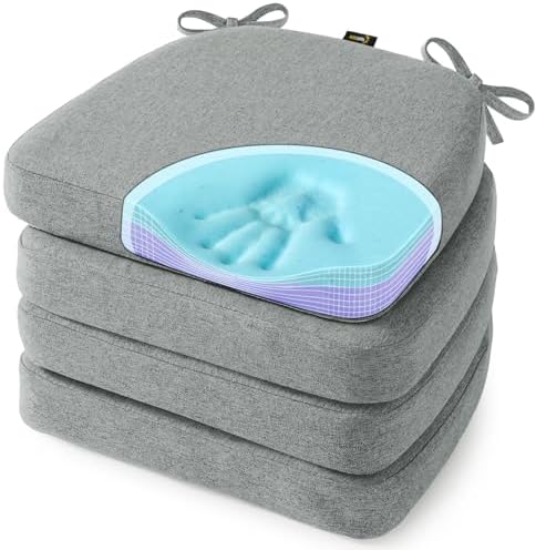 SUNROX Cooling Gel Memory Foam Chair Cushions, 2.6" Thick U-Shaped Dual-Layer Comfort Dining Chair Pads, Non Slip Seat Cushion with Ties for Indoor Kitchen Office 17"x16" Set of 4, Heather Grey by SUNROX