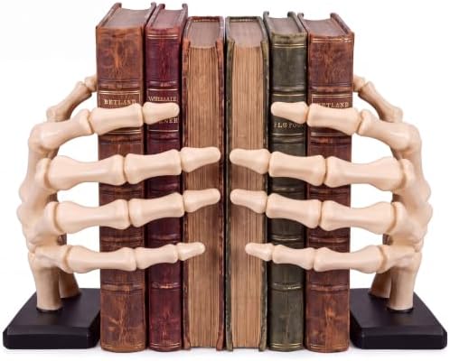 Skeleton Hand Bookend, White Resin Skull Finger Bookstop with Wooden Base by Dunzoom