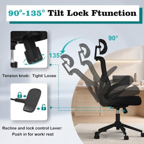Office Chair for Long Hours & Lower Back Pain Relief – 4" Thick Molded Foam Cushion, Padded Lumbar Support and Flip-up Armrests, Ideal for Office or Study (Modern, Black-HR) - Image 7
