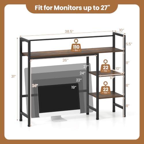 GIANTEX Desktop Bookshelf, 38.5" Dorm Desk Hutch for 27" Monitor (Brown) - Image 3
