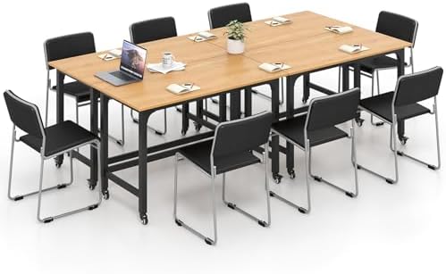 GOFLAME 4ft Conference Table Set of 4, Mobile Home Office Computer Desk, Meeting Room Table w/Detachable Storage Bag & 2 Headphone Hooks, Rolling Seminar Boardroom Table on Wheels, Black + Natural by GOFLAME