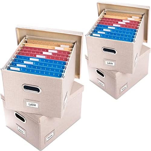 PRANDOM File Organizer Box - Set of 4 Collapsible Decorative Linen Filing Storage Hanging File Folders with Lids Office Cabinet Letter/Legal Size Light Grey (17x14x11.2 inch) by Prandom