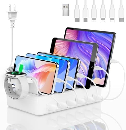 Charging Station for Multiple Devices, 6 Port 50W Fast Multi Charger Station Charging Dock with 6 Mixed Charging Cables for iPhone, iPad, Kindle, Tablet, Cellphone and Others by Honcila