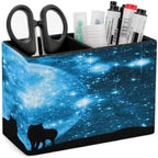 PU Leather Multi-Compartment Pen Holder Desktop Organizer Pencil Cup Storage Caddy for Office Home Supplies Wolves Pack in Silhouette Against Blue Starred Sky Full Moon by Unknown