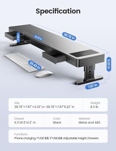 meatanty Dual Monitor Stand with 4 Adjustable Heights, Auto Phone Charging Pad, 4 USB Ports, Computer Riser with Drawers Storage, Metal Double Desk Organizer Lifter Raiser for 2 Monitors Screen Gift - Image 7