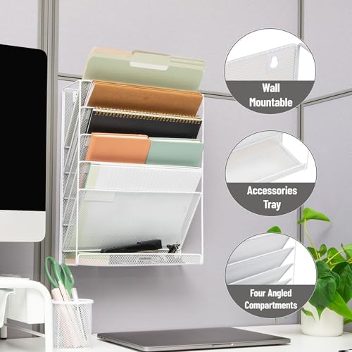 Mind Reader 5-Pocket Vertical File Storage, Desktop Organizer, Wall Mount, Office, Metal Mesh,White - Image 4