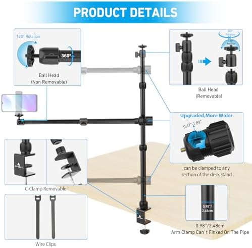 Ailight Camera Desk Mount Stand Overhead, Adjustable Microphone Boom Arm Mic Stand with Phone Holder, Camera Arm Clamp 5/8'' 3/8'' 1/4'' Screws for Shure, Blue Yeti, Rode, Elgato, Fifine, HyperX - Image 5