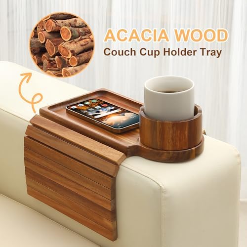 Couch Cup Holder Tray,Acacia Wood Couch Arm Table with Phone Holder, Large Foldable Sofa Arm Tray for Drink Snacks Table - Image 6