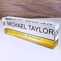 Artblox Personalized Name Plate for Desk | Gold Stripe On Clear Acrylic Glass | Custom Desk Name Plate Personalized with Name and Credentials for Teacher Phd Military Office Name Plate (8" X 2.5") by Artblox