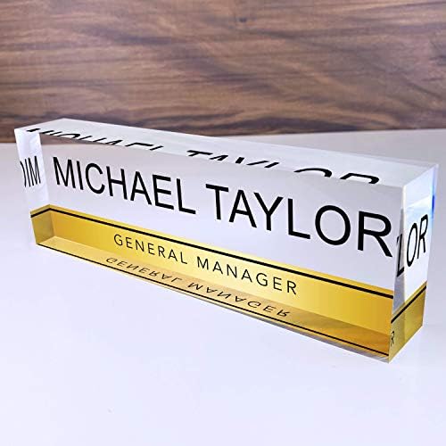 Artblox Personalized Name Plate for Desk | Gold Stripe On Clear Acrylic Glass | Custom Desk Name Plate Personalized with Name and Credentials for Teacher Phd Military Office Name Plate (8" X 2.5") by Artblox