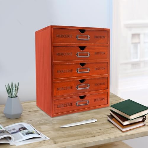 Vintage Wooden Drawers Organizer, 16-Drawer Desktop Storage Box With Drawers, Iron Label Holders, Apothecary Cabinet For Countertop Tea Coffee Pod Storage(5-Drawer/Brown) - Image 2