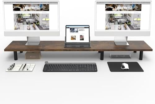 Large Dual Monitor Stand Riser 43.3IN，Vintage Home Office Storage For Desk Accessories，Solid Wod Desk With Adjustable Legs For computer/PC/Laptop/Printer/Container/dressing table by WEGASTU
