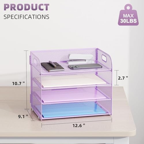Marbrasse 2 Pack 4 Tier Paper Organizer Letter Tray - Mesh Desk File Organizer with Handle, Paper Sorter Organizer for Letter/A4 Office File Folder Holder (Purple, 12.6" x 9.1" x 10.7") - Image 3