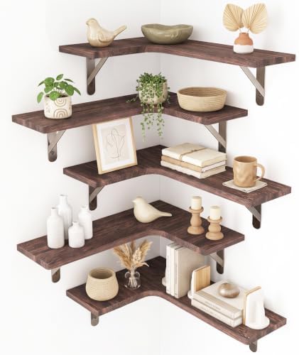 Fixwal Conner Shelves Wall Mounted for Decor, Walnut Brown Set of 5 by Fixwal