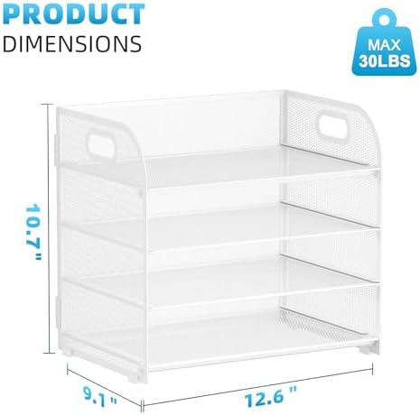 Marbrasse 4 Tier Paper Organizer Letter Tray, Mesh Desk File Organizer with Handle, Paper Sorter Organizer for Letter /A4 Office File Folder Holder（White, 12.6" x 9.1" x 10.7"） (Pack of 2) - Image 3