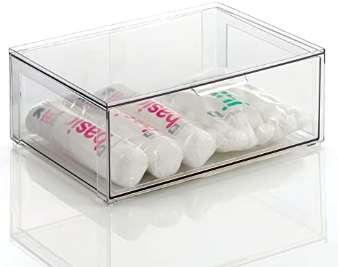 mDesign Plastic Stackable Bathroom Storage Organizer Bin Containers with Front Pull Drawer for Bathroom Countertop, Vanity, Closet Shelves - Holder for Beauty Accessories - Lumiere Collection - Clear by mDesign