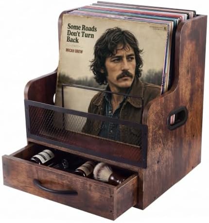 Vinyl Record Storage,Wooden Album Crate Holder,Holds up to 60 Records with Wood Drawer and Metal Dividers,Desk Accessories Storage Box for Home Kitchen Office Organization by Polbecky