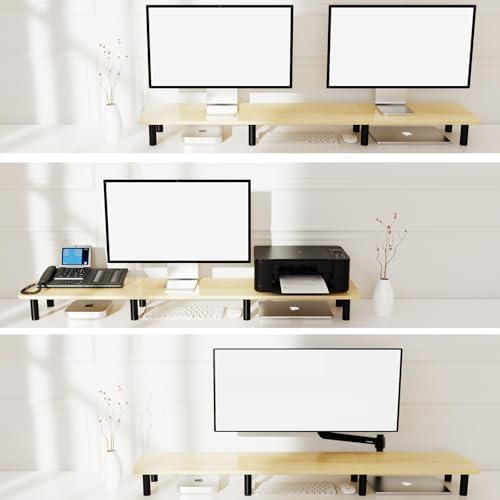 Large Extra Long Monitor Stand Riser 43.7in,Dual Monitor Riser, Wide TV Stand for 2 Monitors, Wood & Steel Leg Adjustable Height Desktop Riser, Home Office Organization. (Natural) - Image 3