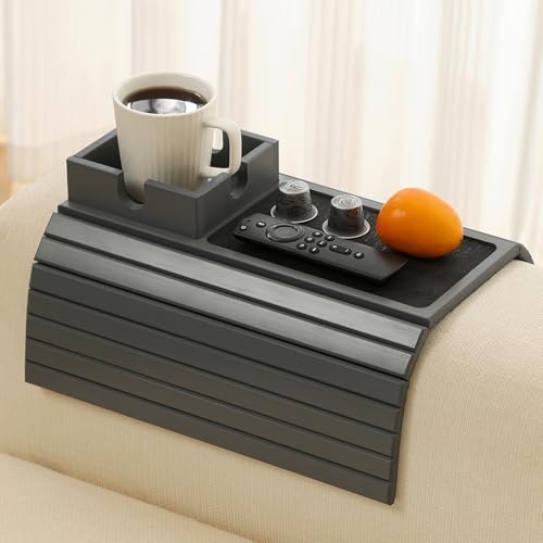 Bamboo Couch Cup Holder Arm Tray Table with Anti-Slip Cork Pad，Couch Drink Holder，Sofa Cup Holder Armrest Tray，Foldable Arm Chair Table Recliners for Drink, Cups, Eats，Snacks, Phone, Remote (Gray) by HNLISA