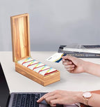 Neando Acacia Wood Business Card Holder with Lid – 2x3.5” Index Card Organizer with 5 Compartments, Holds 600 Cards, Magnetic Closure, 20 Blank Tabs – Rustic Desktop Filing Box for Office & Home - Image 7