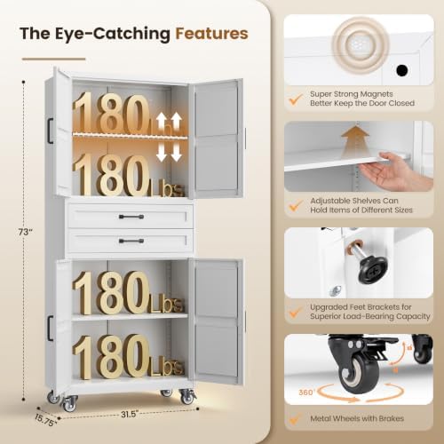 White Metal Garage Storage Cabinet Rolling Kitchen Storage Pantry Cabinet - Image 3