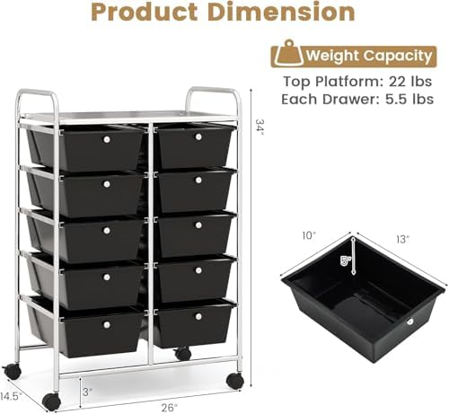 LDAILY 10 Drawer Rolling Cart, Storage Cart Organizer on Wheels, Drawer Cart with Metal Frame & Large Storage Capacity, Rolling Cart with Drawers for Living Room Classroom, Office - Image 3