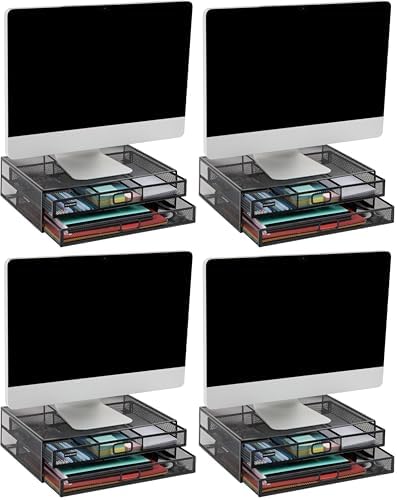 Mind Reader Monitor Stand, Ventilated Laptop Riser, Storage Drawer, Office, Metal Mesh, Black, 2 Drawers (Pack of 4) by MindReader