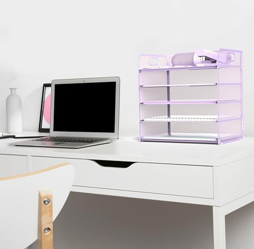 Letter Tray Paper Organizer 5-Tier Desk Organizer File Organizer Paper Holder with Handle, Metal Desktop Document Shelf Tray Office Classroom Organization - Purple - Image 4
