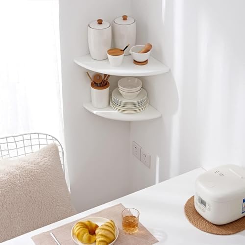 Corner Shelves, Floating Corner Shelf, Set of 2 Solid Oak Wood Wall Shelves, Round End Wall Mount with Wire Hole Shelving for Small Plant for Bedroom Kitchen, Living Room White - Image 6