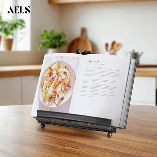 AELS Vintage Ornated Cookbook Stand for Kitchen Counter, Farmhouse Recipe Book Holder, Retro Heavy Duty Cook Book Stand, Gift Ideas, Antique Black Hollowed Decor - Image 2