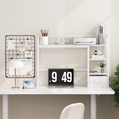 Marbrasse Desk Shelf with Drawer, 40" Desk Hutch for Computer Monitor, Desk Shelf for top of Desk, Wooden Desktop Bookshelf Storage Rack for Home Office Dorm - White - Image 5